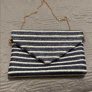 Navy and White Striped Clutch with Gold Chain
